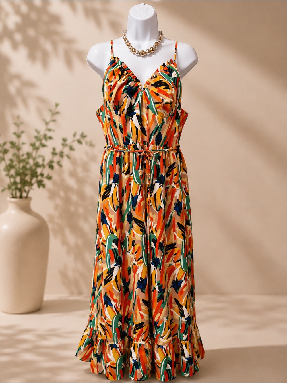 Commence- Summer V-Neck Spaghetti Strap Maxi Dress in Multi-Color (NWT)